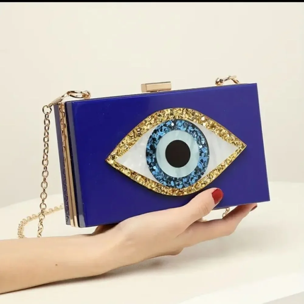 Blue Evil Eye Hard Shell Clutch Bag Chain